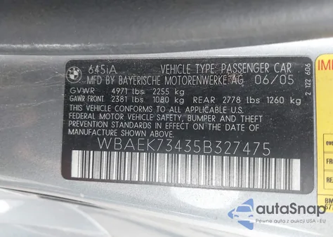 2005 BMW 645Ci z USA, uszkodzony, nr VIN WBAEK73435B327475